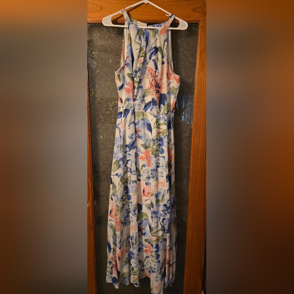 R&K Floral Halter Maxi Dress in White, Blue, Pink, Green